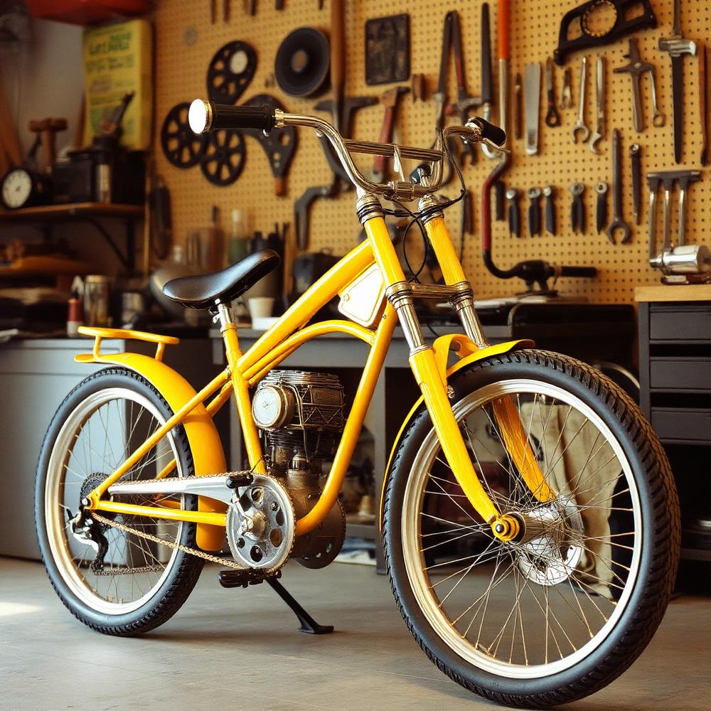 Yellow metalflake chopper bike in the workshop